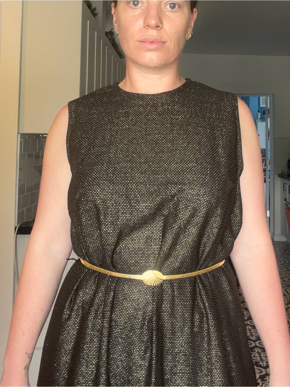 Vintage 70s Black Metallic Maxi Dress with Gold Belt - Picture 13 of 15